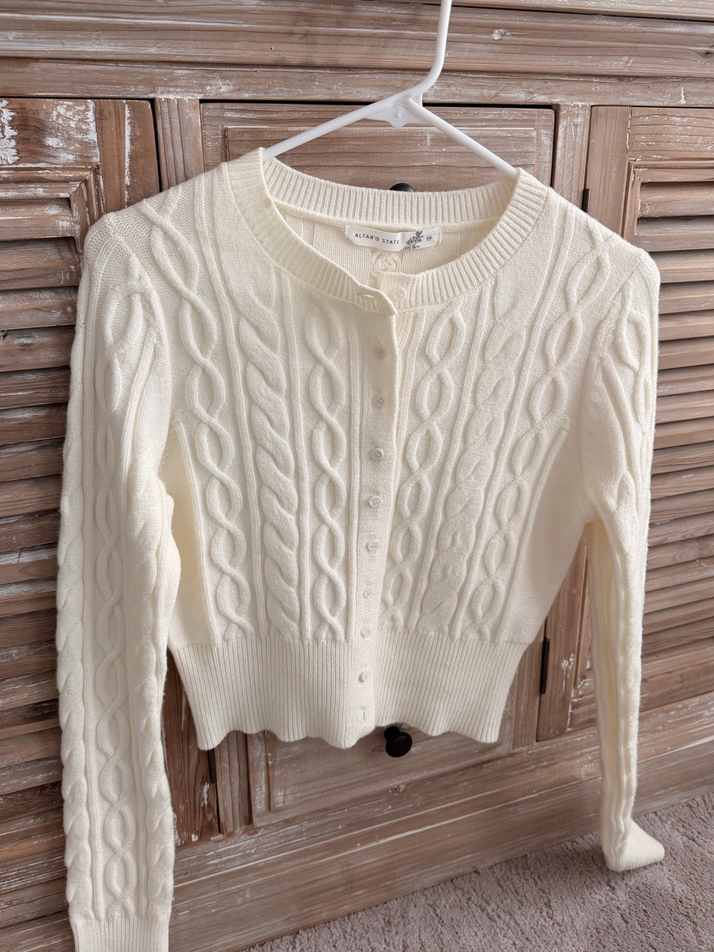 Altar'd State Cream Cable Knit Cropped Button Cardigan (Size Medium) - Picture 2 of 10